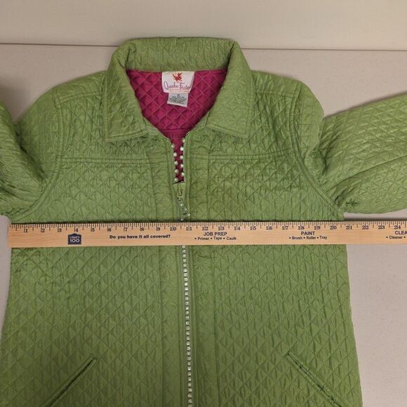 The Quacker Factory Silk Quilted Blazer Jacket Rhinestones Medium Green Pink QVC - Picture 9 of 13